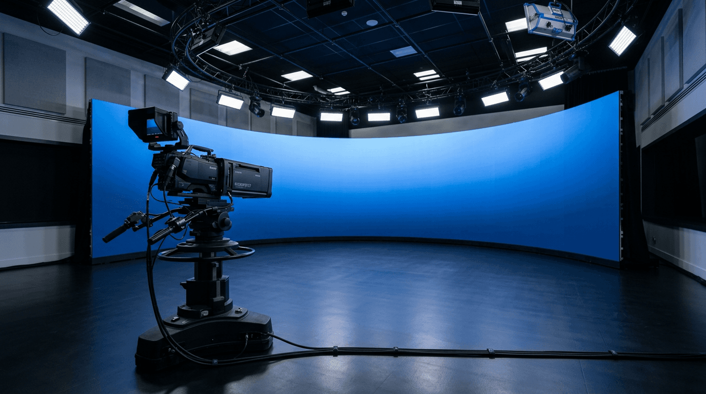 A gently curved LED cyclorama forming the backdrop of an empty television news studio, with a broadcast camera on a pedestal in front of it.