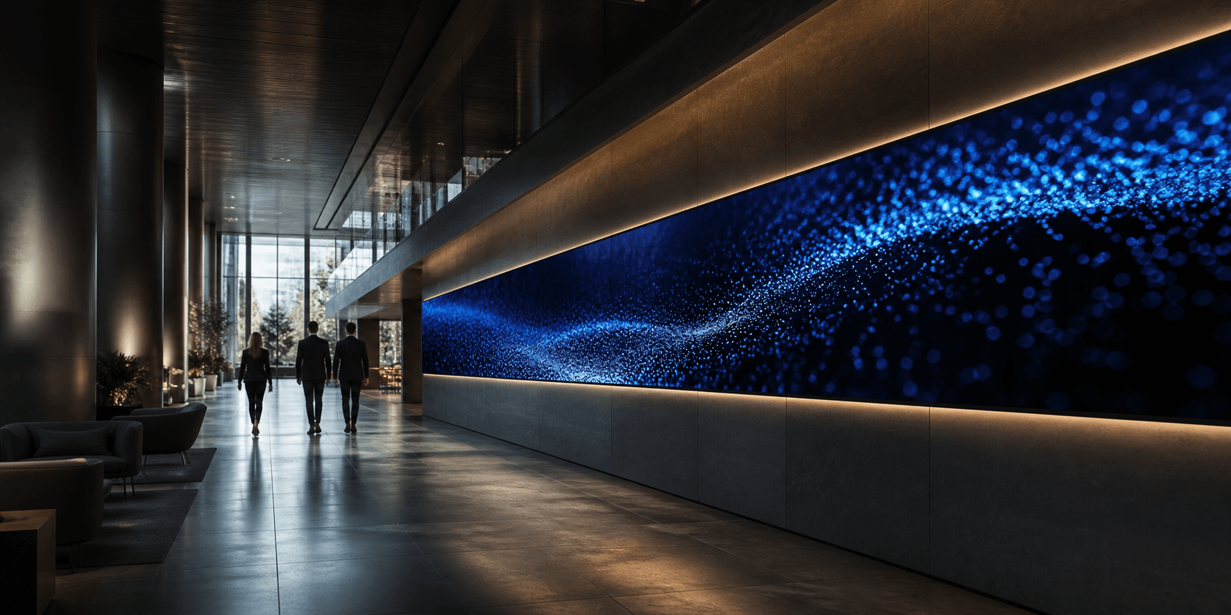 Premium corporate lobby with a long panoramic LED wall integrated into the architecture