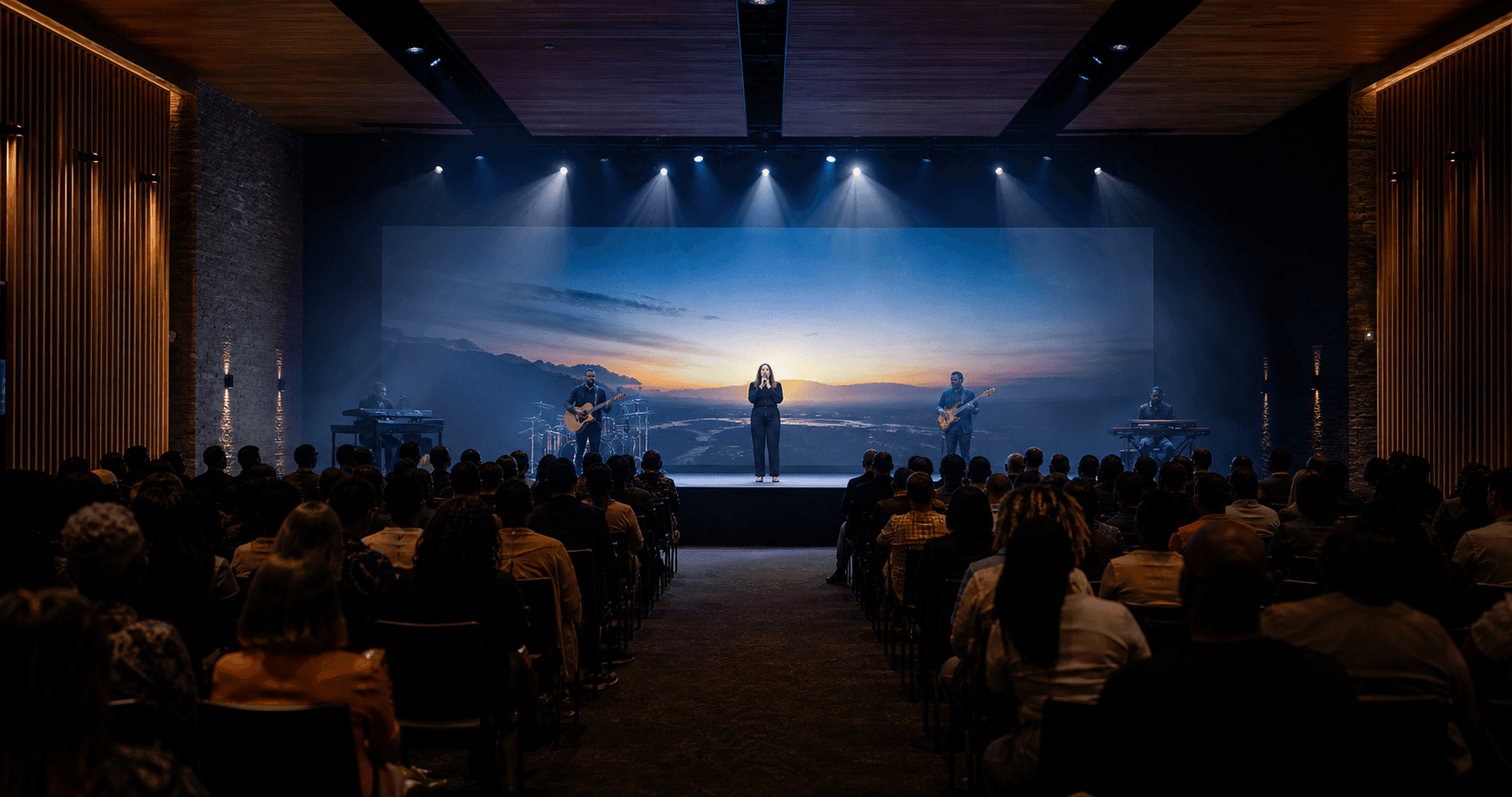 Contemporary church sanctuary with a wide LED wall behind the worship stage